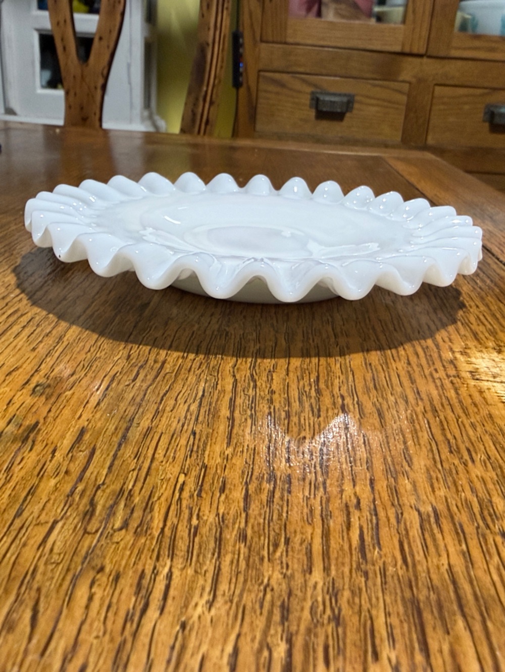 Fenton crested White Milk Glass Ruffled Edge pedestal cake plate 6”